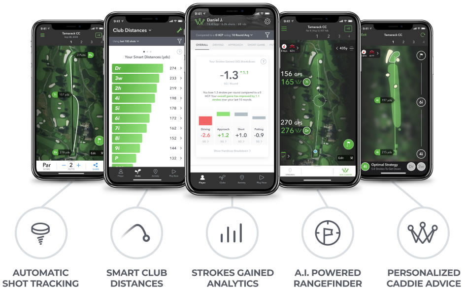 5 iPhones with the Arccos app on different screens