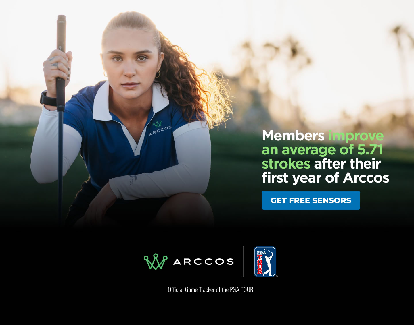 Woman lining up putt. Members improve an average of 5.71 strokes after their first year of Arccos.