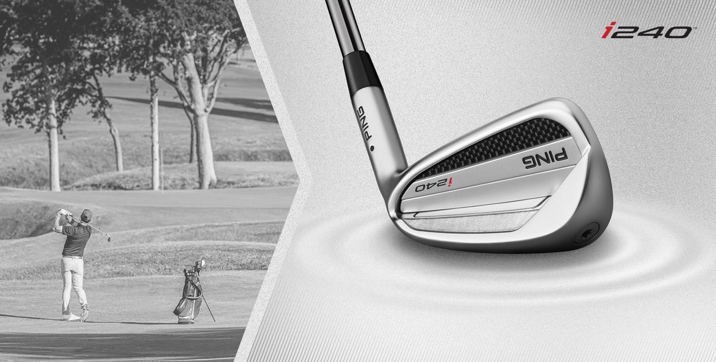 composite image of man playing golf and a view of the i240 iron from behind