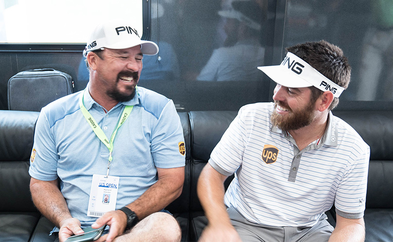 Louis Oosthuizen (right) hangs out in the tour trailer