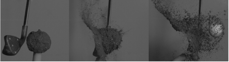 series of still-frames from high speed camera of iron impacting a golf ball caked with mud